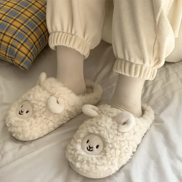 Comwarm Cartoon Plush Slippers For Women Men Winter Warm Fluffy Faux Fur Slippers Cute Sheep Indoor Home Couple Cotton Slippers - Image 4