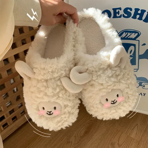 Comwarm Cartoon Plush Slippers For Women Men Winter Warm Fluffy Faux Fur Slippers Cute Sheep Indoor Home Couple Cotton Slippers - Image 5