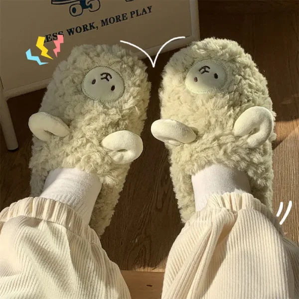 Comwarm Cartoon Plush Slippers For Women Men Winter Warm Fluffy Faux Fur Slippers Cute Sheep Indoor Home Couple Cotton Slippers - Image 6