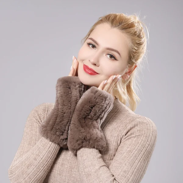 New Women 100% Real Genuine Knitted Rex Rabbit Fur Mittens Winter Warm Lady Real Fur Fingerless Gloves Handmade Knit Fur Mitten - Image 2