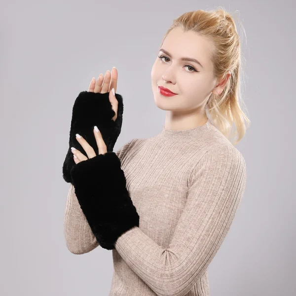New Women 100% Real Genuine Knitted Rex Rabbit Fur Mittens Winter Warm Lady Real Fur Fingerless Gloves Handmade Knit Fur Mitten - Image 4