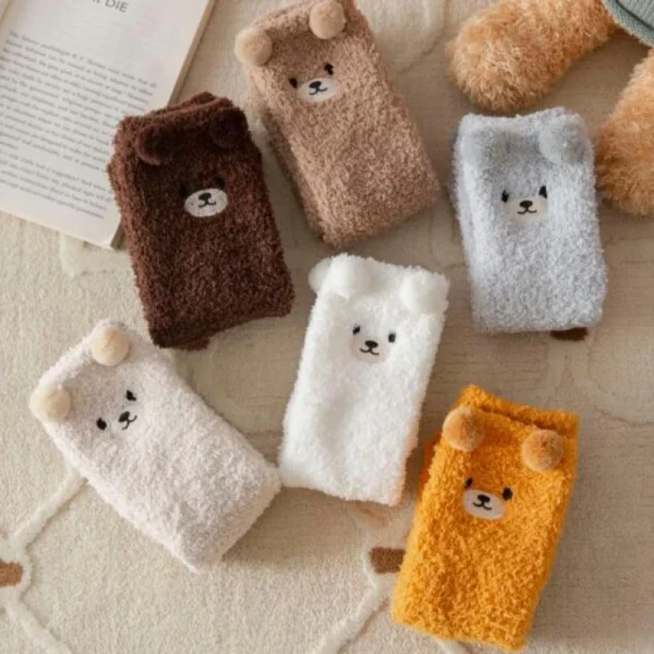 Women Socks Winter Cute Bear Coral Fleece Fuzzy Socks Female Autumn Cashmere Happy Funny Thickened Warm Home Floor Sleep - Image 3