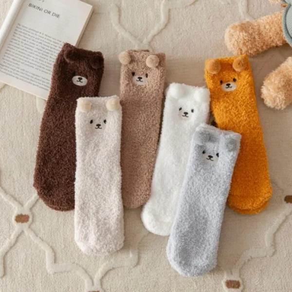 Women Socks Winter Cute Bear Coral Fleece Fuzzy Socks Female Autumn Cashmere Happy Funny Thickened Warm Home Floor Sleep - Image 4