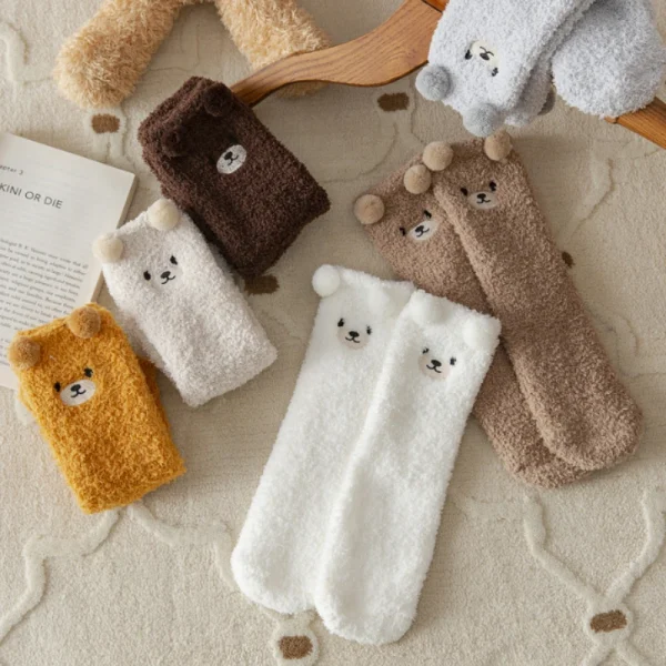 Women Socks Winter Cute Bear Coral Fleece Fuzzy Socks Female Autumn Cashmere Happy Funny Thickened Warm Home Floor Sleep - Image 6
